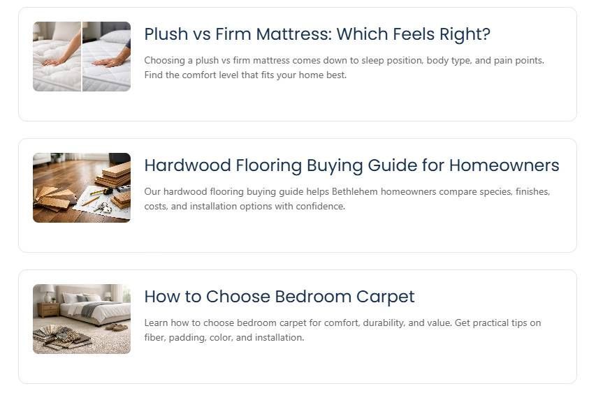 Three home improvement article cards about mattresses, hardwood flooring, and bedroom carpet choices.
