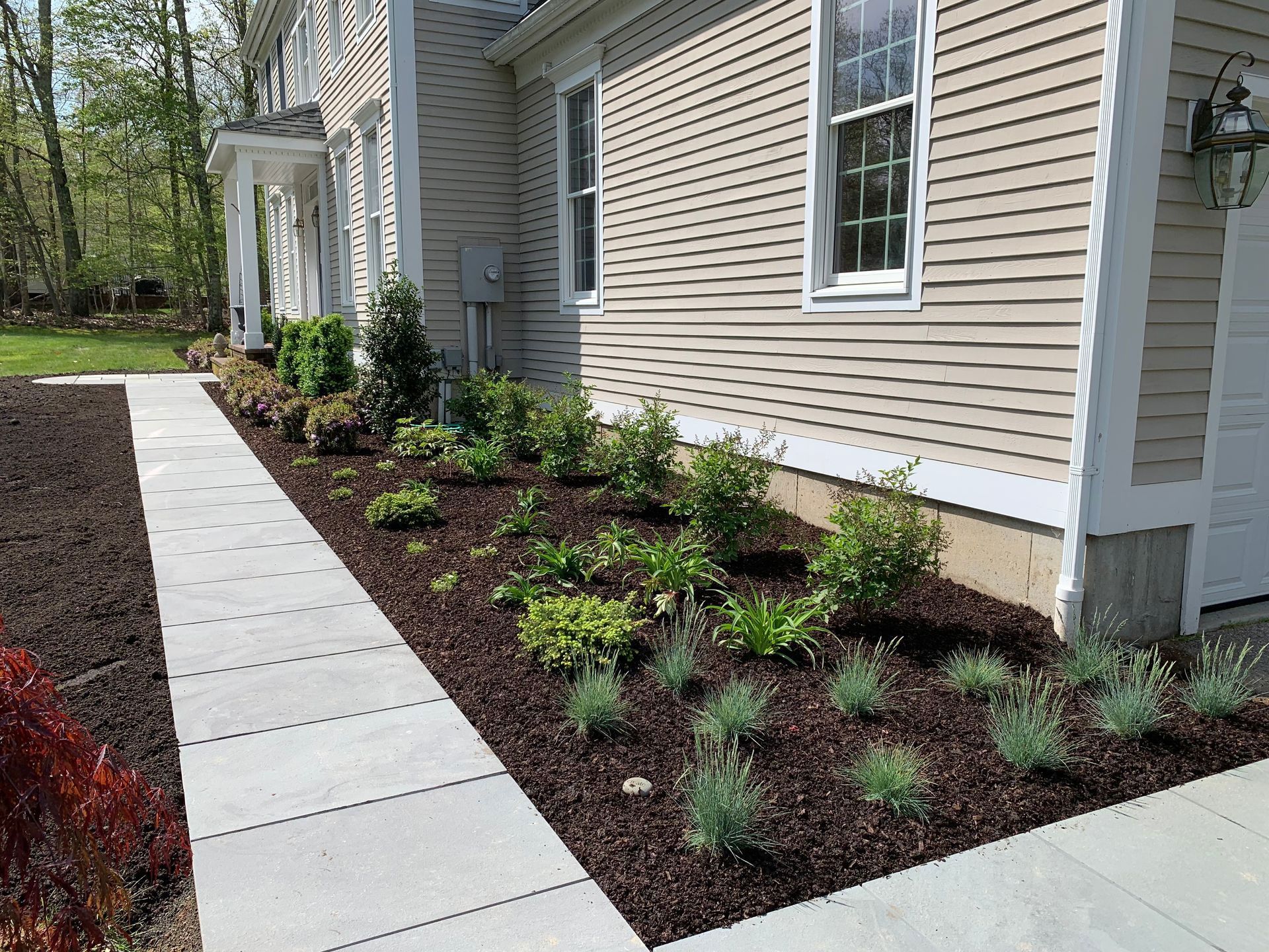 A walkway leading to a house with a lot of plants on the side of it
