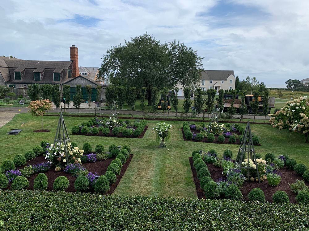 a garden with flowers and a house in the background