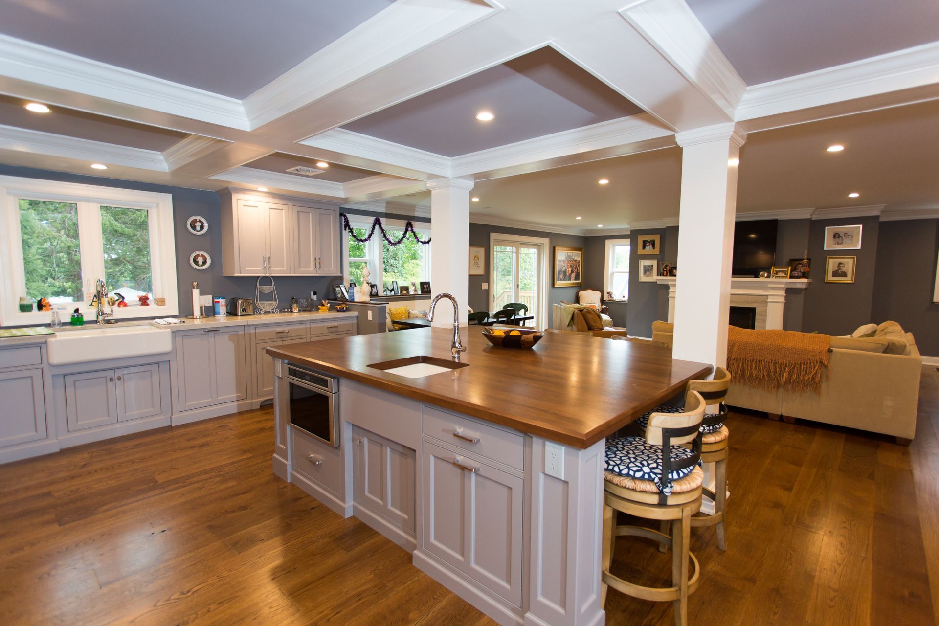 There is a large island in the middle of the kitchen.