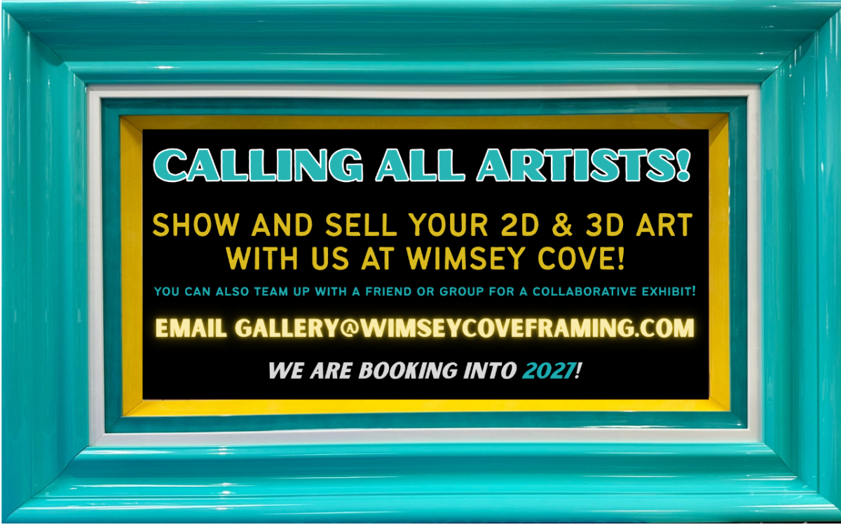 Turquoise-framed poster advertising art sales, with black and yellow text on a colorful background.