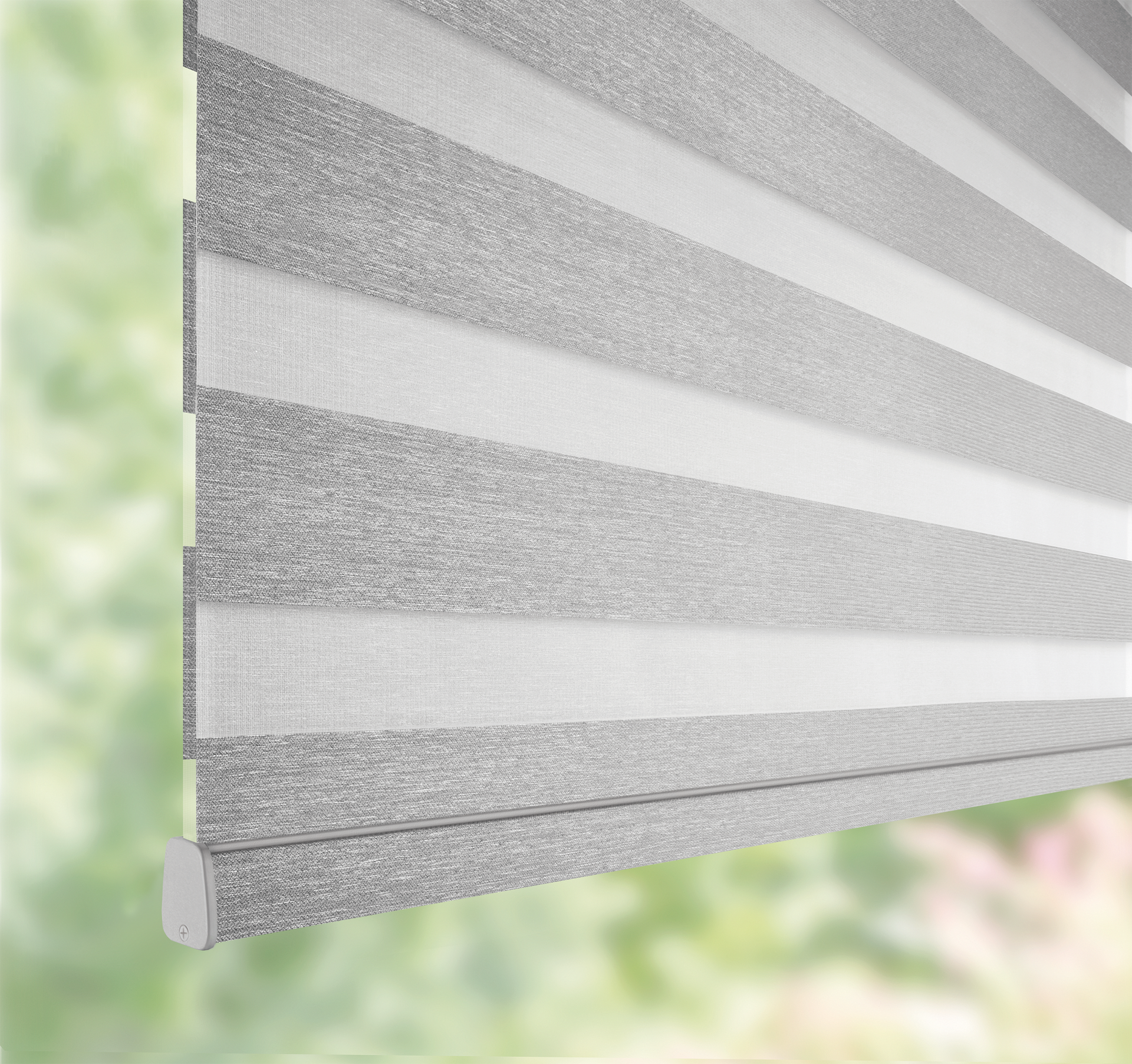 A close up of a gray and white striped blind on a window.