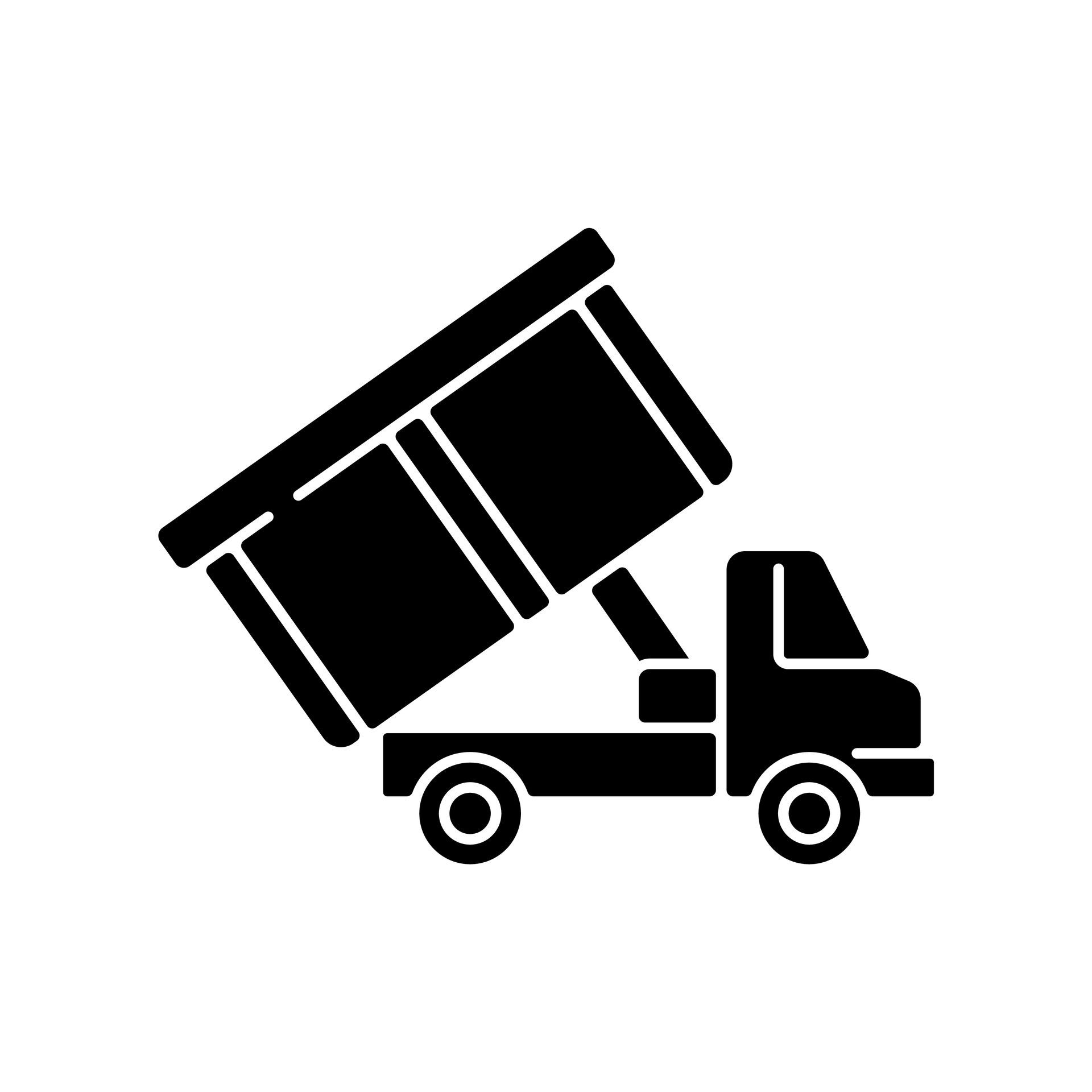 Black silhouette of a dump truck with its bed raised, emptying contents.