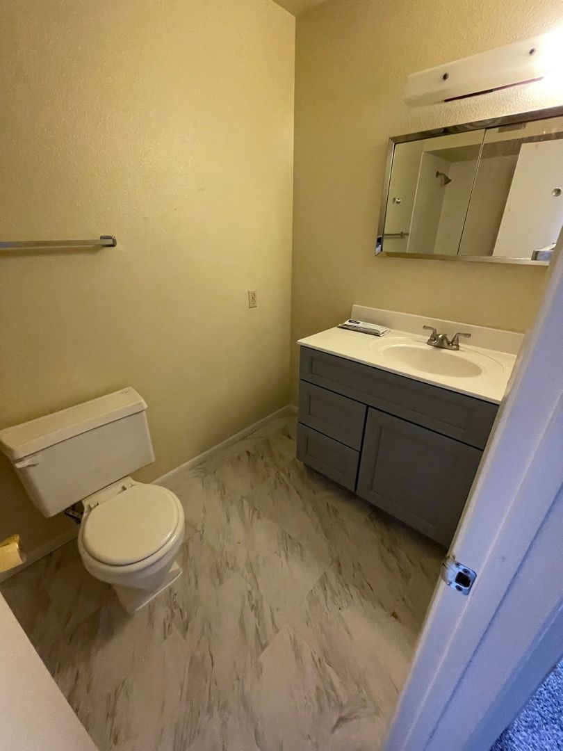 A bathroom with a toilet , sink and mirror.