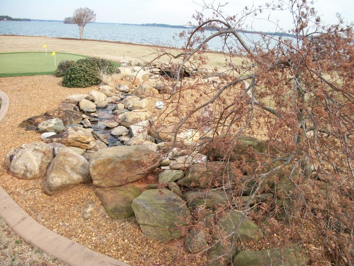 Rock garden with large stones and dry shrubs beside a grassy area near the water