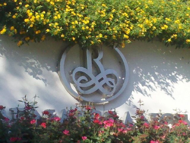 Decorative emblem on a white wall framed by yellow and pink flowers and greenery