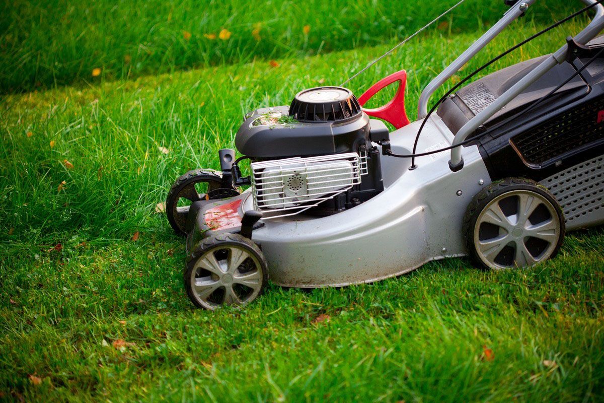 Silver lawn mower cutting green grass on a grassy lawn