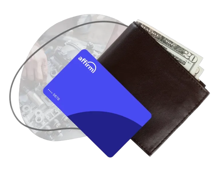 Blue card and black wallet with cash on a transparent disc background