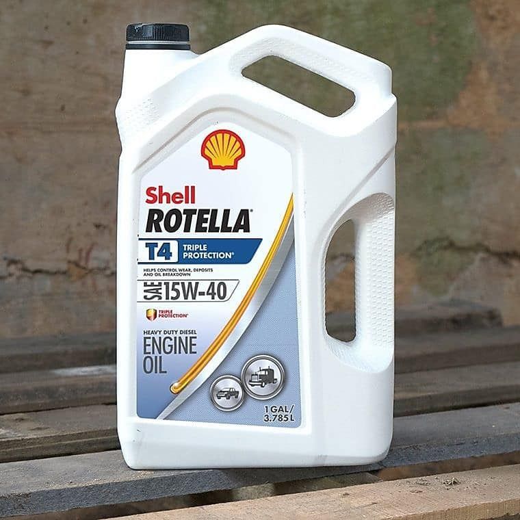 A bottle of Shell Rotella T4 15W-40 engine oil.