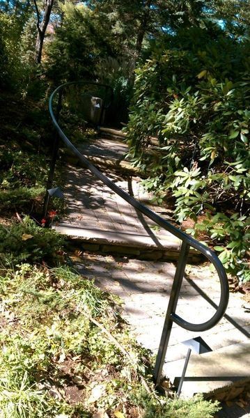 A curved black metal handrail runs along a stone path winding through a lush, shaded garden.