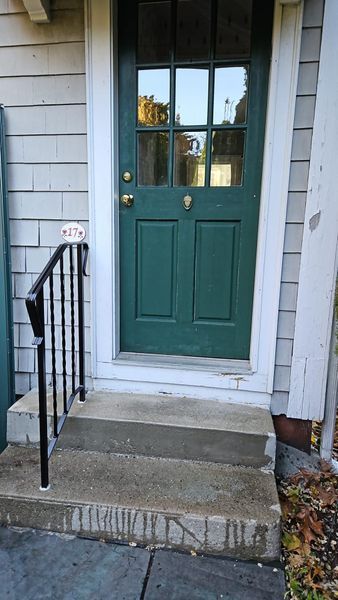 A dark green paneled door with a glass window top, set in a light grey shingled wall with concrete steps and a handrail.