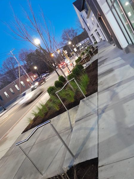 A sidewalk with metal railings leads toward a street at dusk, flanked by a landscaped garden bed with shrubs and grass.