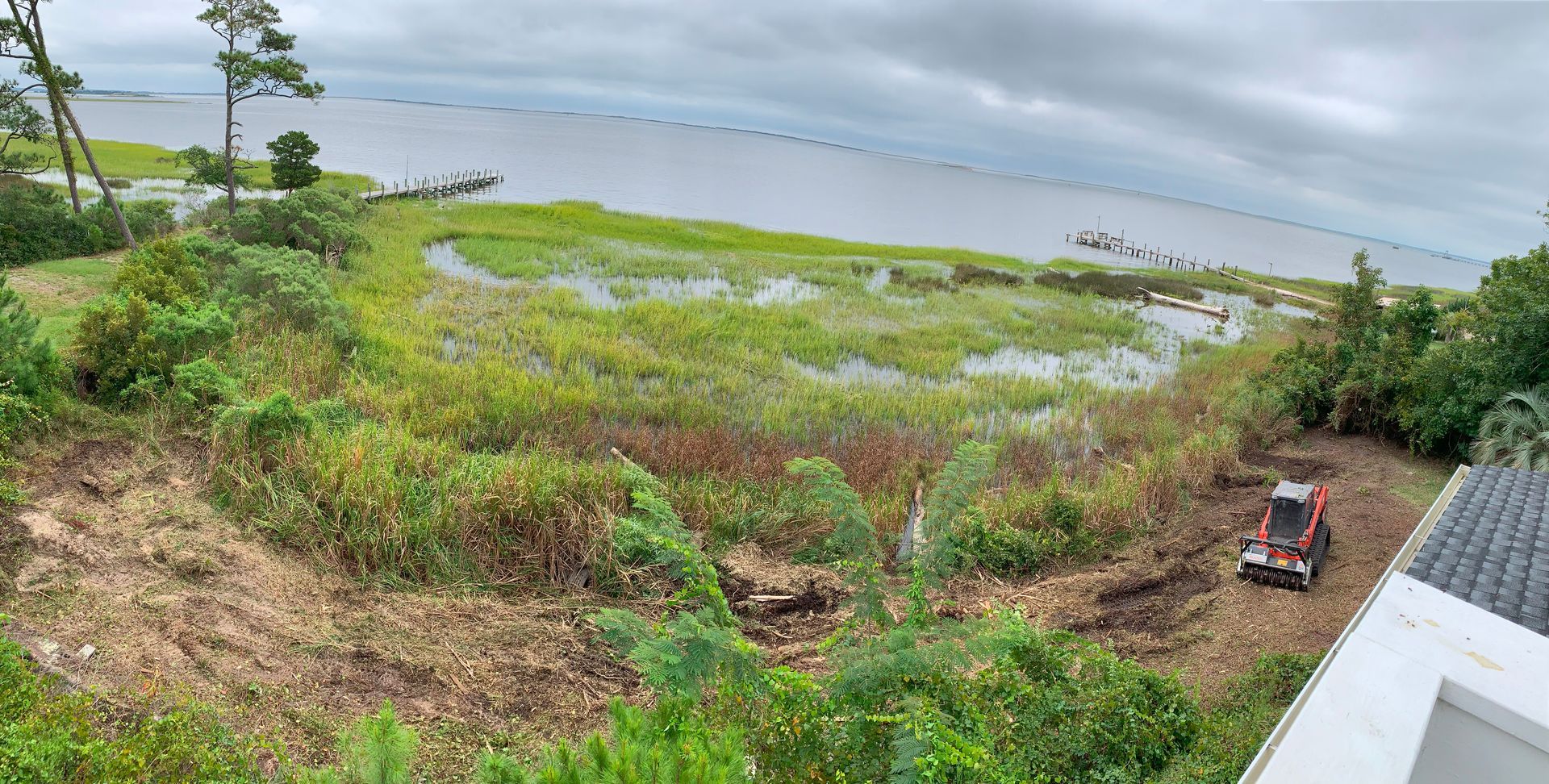 Coastal view with wetland vegetation, cloudy sky, and a small construction vehicle on dry land.