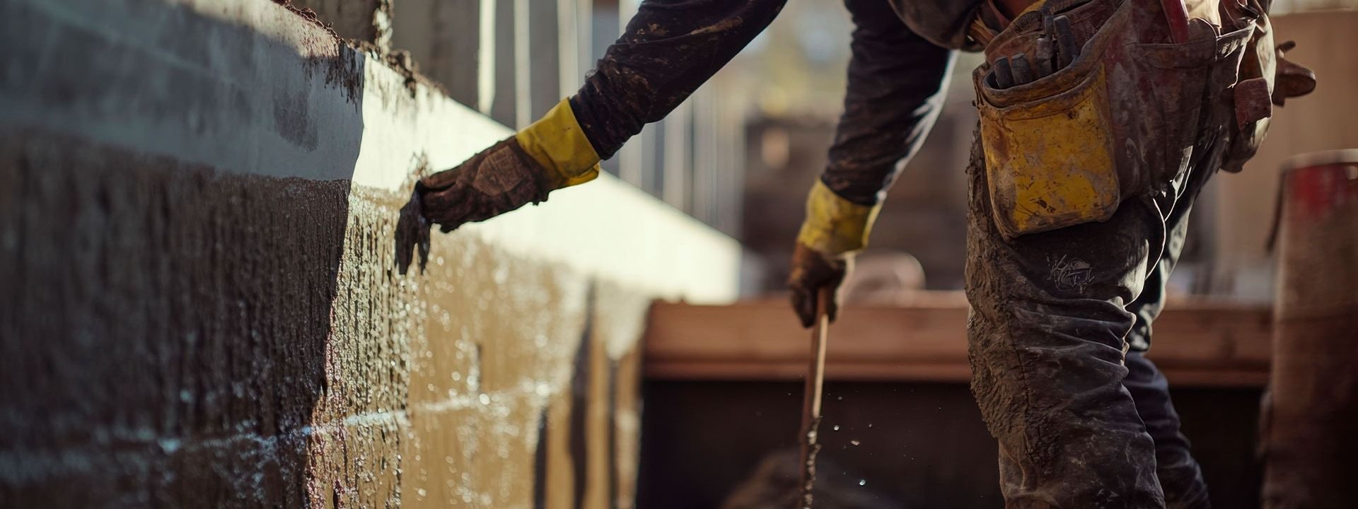 Construction worker applying wet material to a brick wall, wearing gloves and a tool belt.