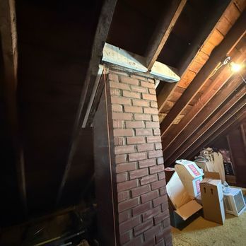 Brick chimney in an attic, supported by wooden beams, surrounded by boxes and other items.