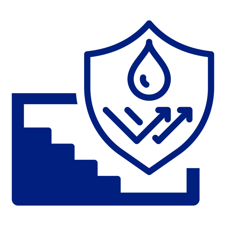 Blue icon: Steps next to a shield with a water drop and upward arrows, indicating water protection.