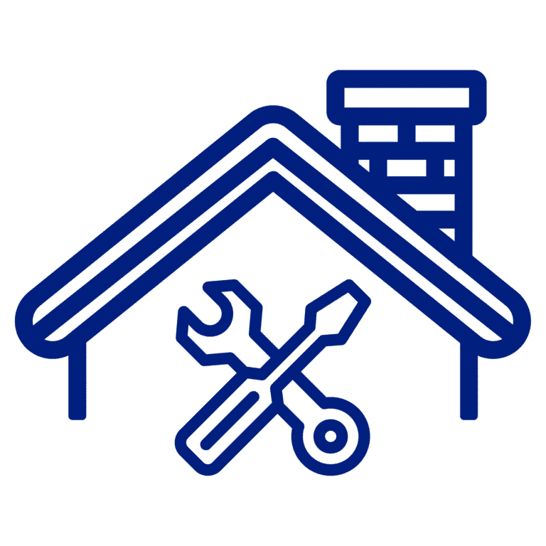 Blue icon: roof with chimney, crossed wrench and screwdriver, representing home repair.