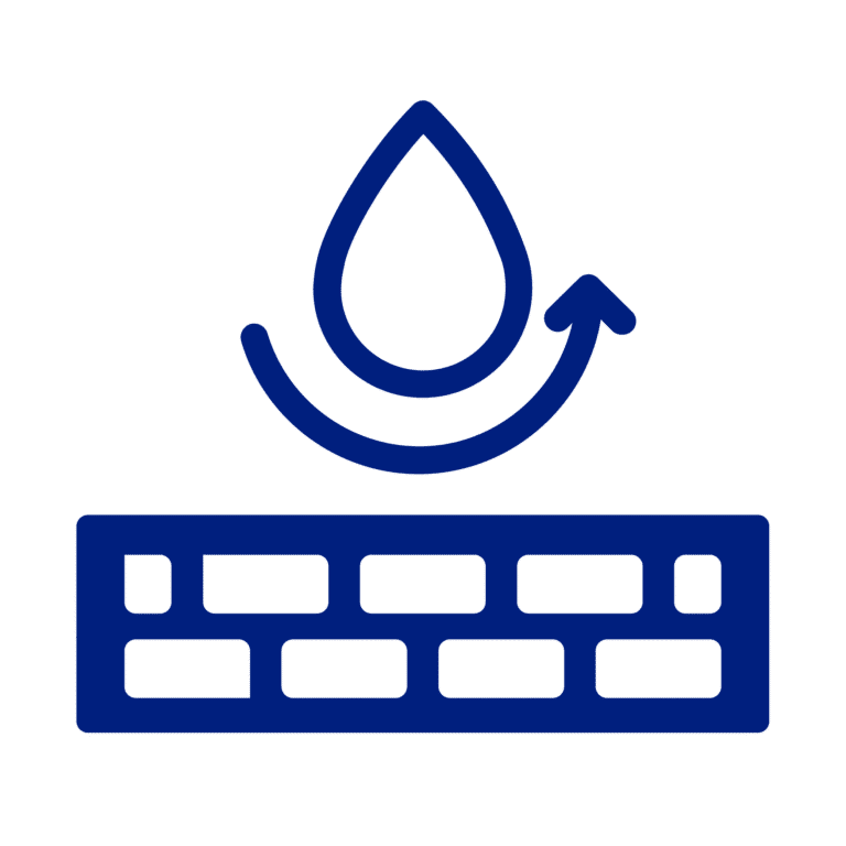 Water droplet and curved arrow above a brick wall. Indicates water resistance.