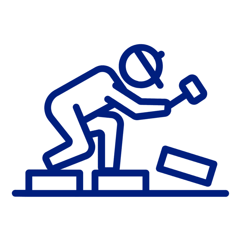 Construction worker hammering a brick, wearing a hard hat, dark blue line art.