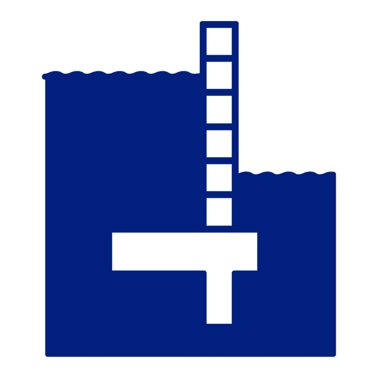Diagram of a pier in water with a ladder attached.