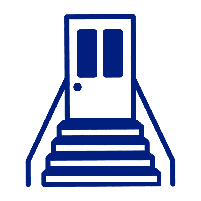 Blue and white door with stairs and handrails, likely a home's entrance.