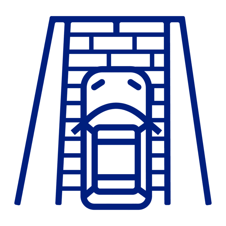 Blue car driving through an overpass made of brick.