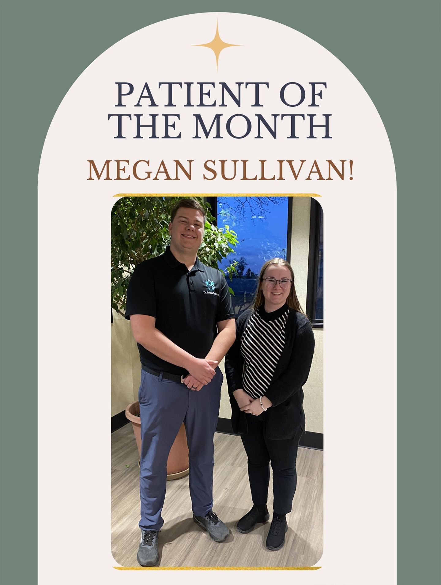 Patient of the Month: Megan Sullivan standing with a staff member in a hallway.