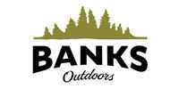 Logo for Banks Outdoors featuring a green silhouette of pine trees above the black text 