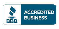BBB Accredited Business logo featuring a blue torch icon and text on a white background.