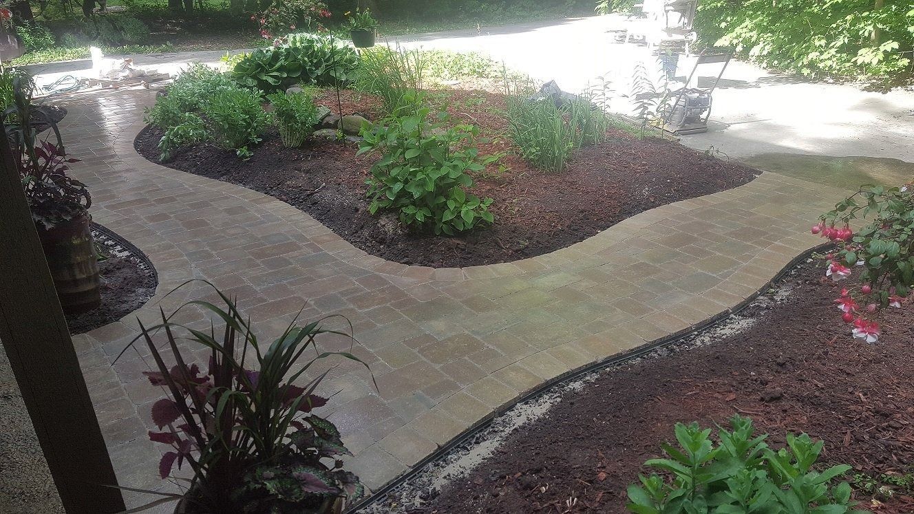 A curved paved walkway winds through a garden bed covered in dark mulch with various green plants and small red flowers.