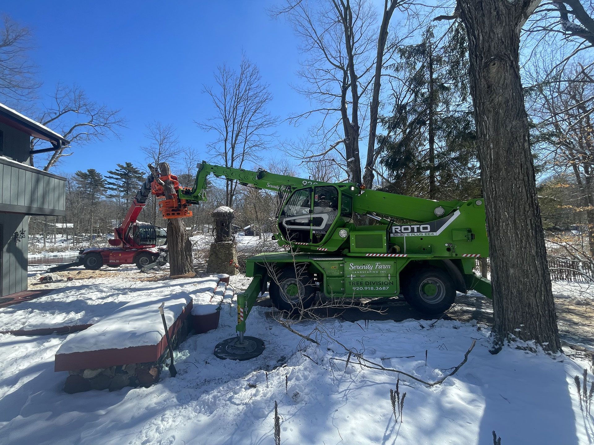 A bright green telehandler parked in a snowy yard near a large tree, with a red crane visible in the background.