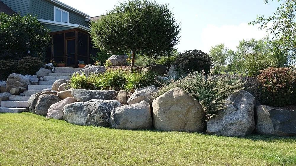 A tiered stone garden wall with shrubs and a small tree leading up to the front entrance of a house.