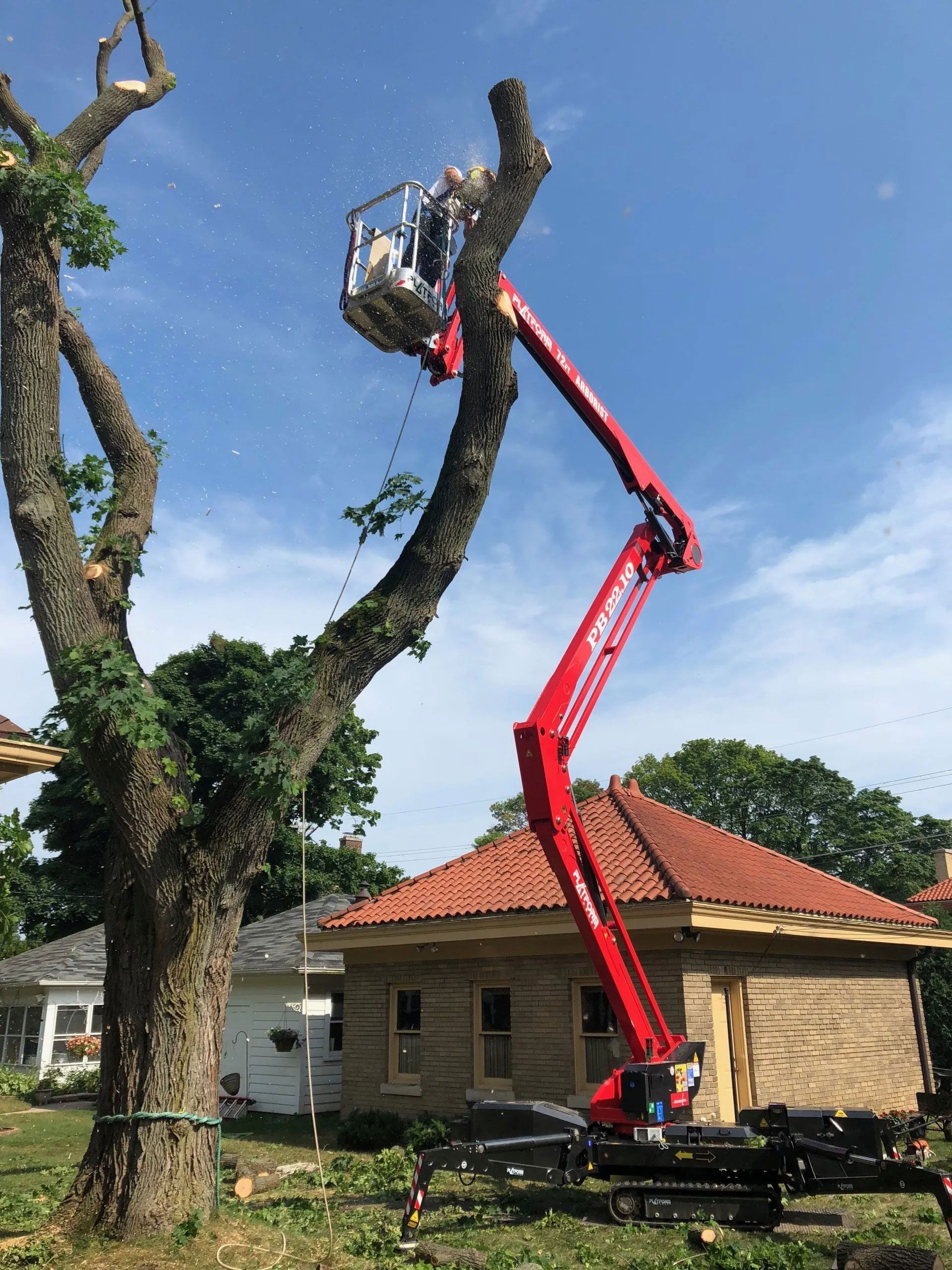A person in a basket on a red boom lift trims the branches of a large tree next to a stone house on a sunny day.