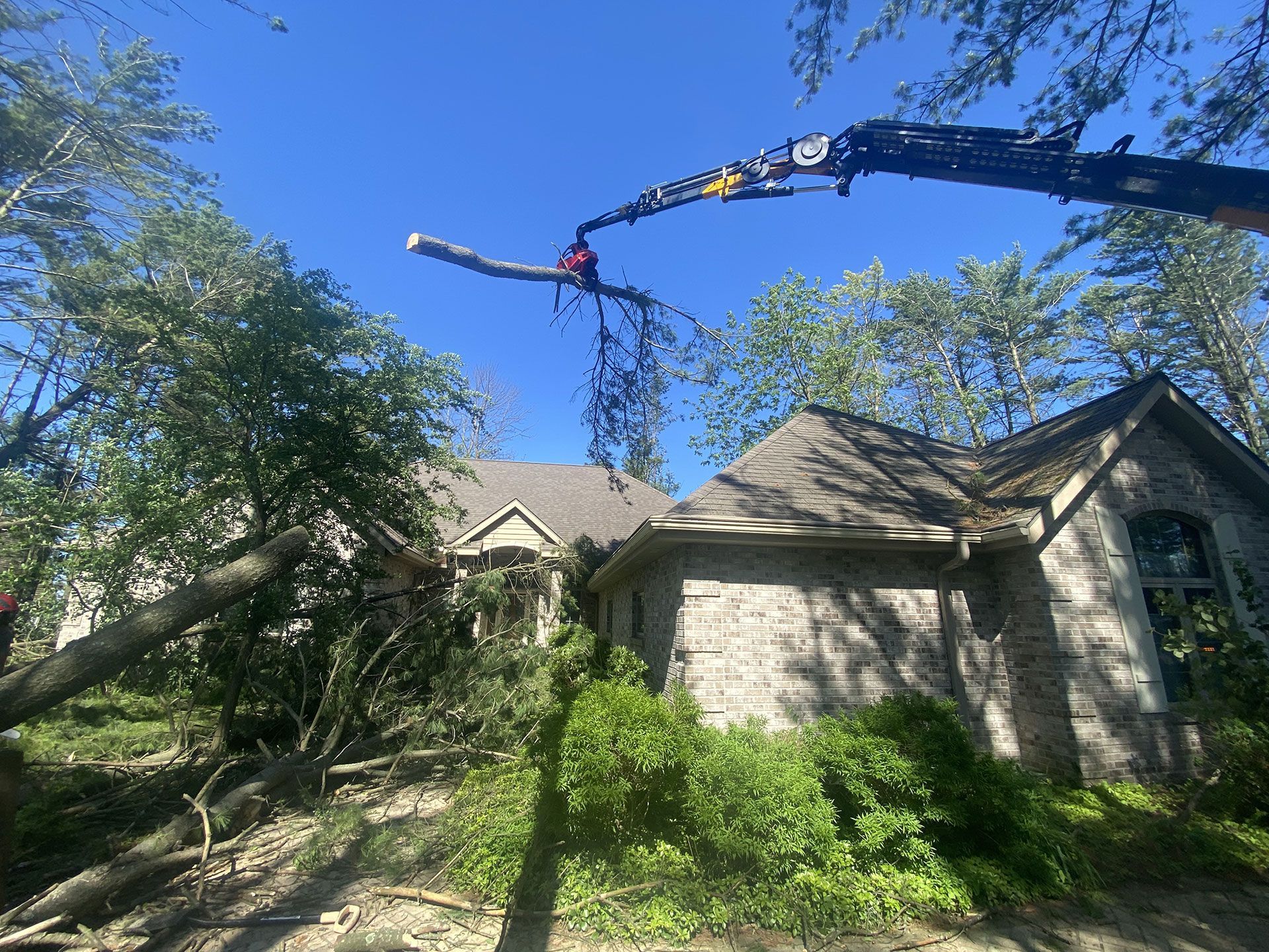 A crane arm lifts a section of a fallen tree away from a stone house under a clear blue sky.