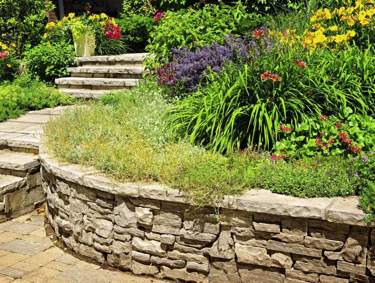 A stone retaining wall curves beside garden steps, leading to a lush landscape of green foliage and colorful flowers.