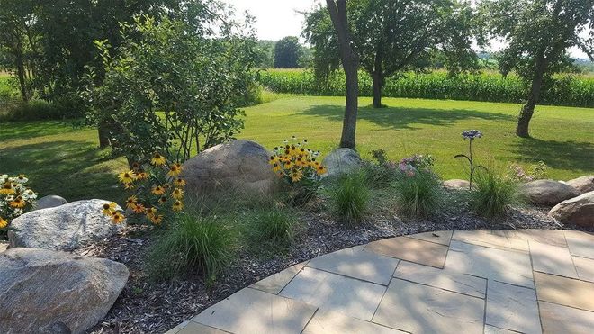 A stone patio edged with large boulders, black-eyed Susans, and low shrubs, overlooking a sunny, grassy yard with trees.