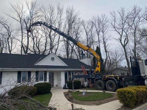 A yellow crane truck with an extended boom arm removing branches from a tree in front of a white house.