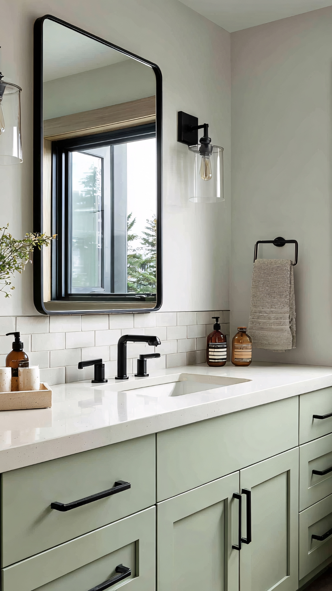 Modern bathroom with a sage green vanity, black mirror frame, and light fixture.