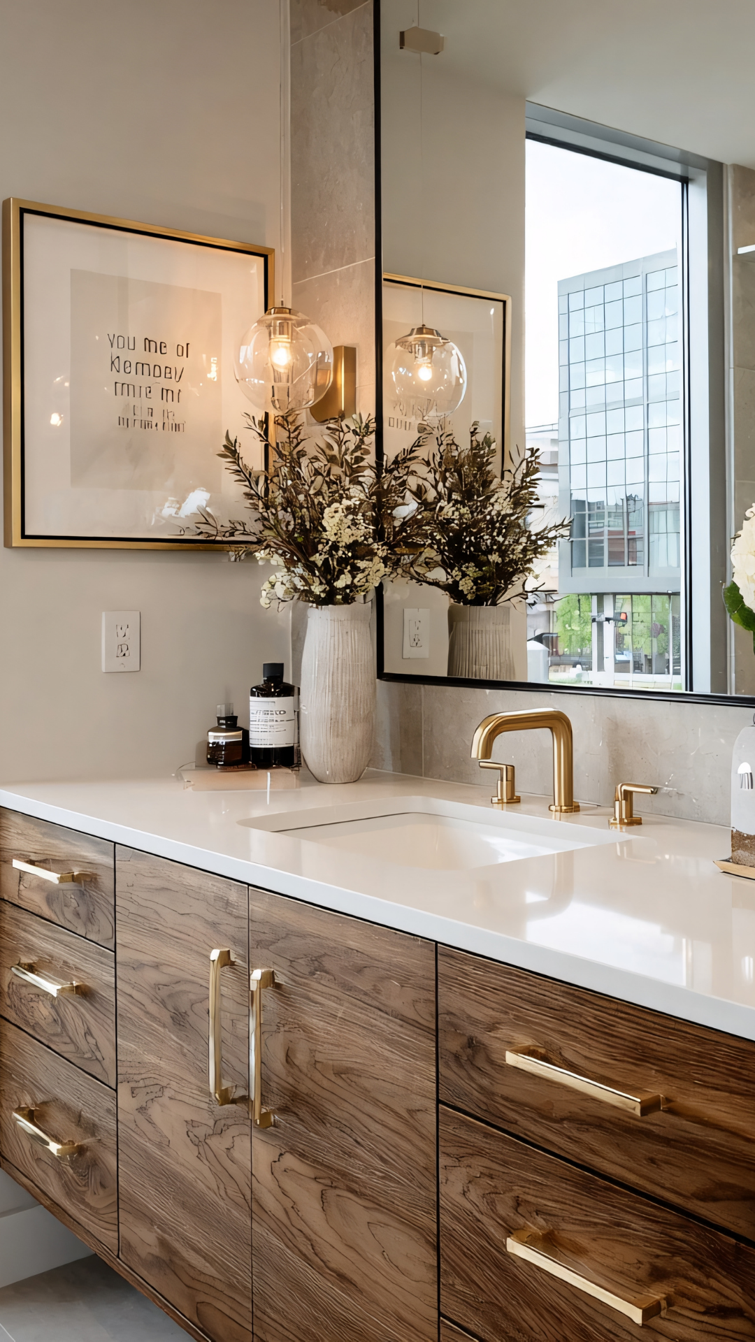 Wooden vanity with gold fixtures, marble countertop, and framed art in a modern bathroom.