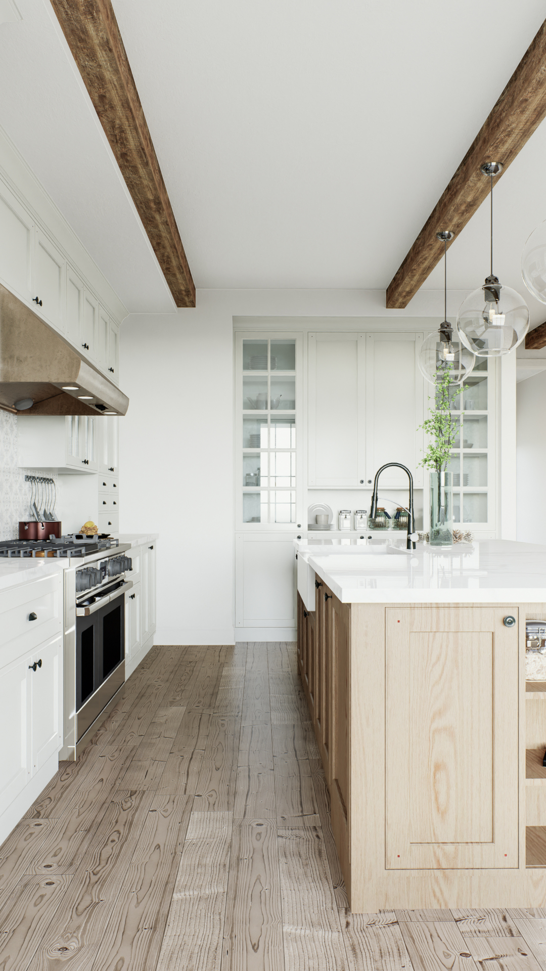 White kitchen with light wood accents. Island with sink, stainless steel appliances, exposed beams, and light wood floors.