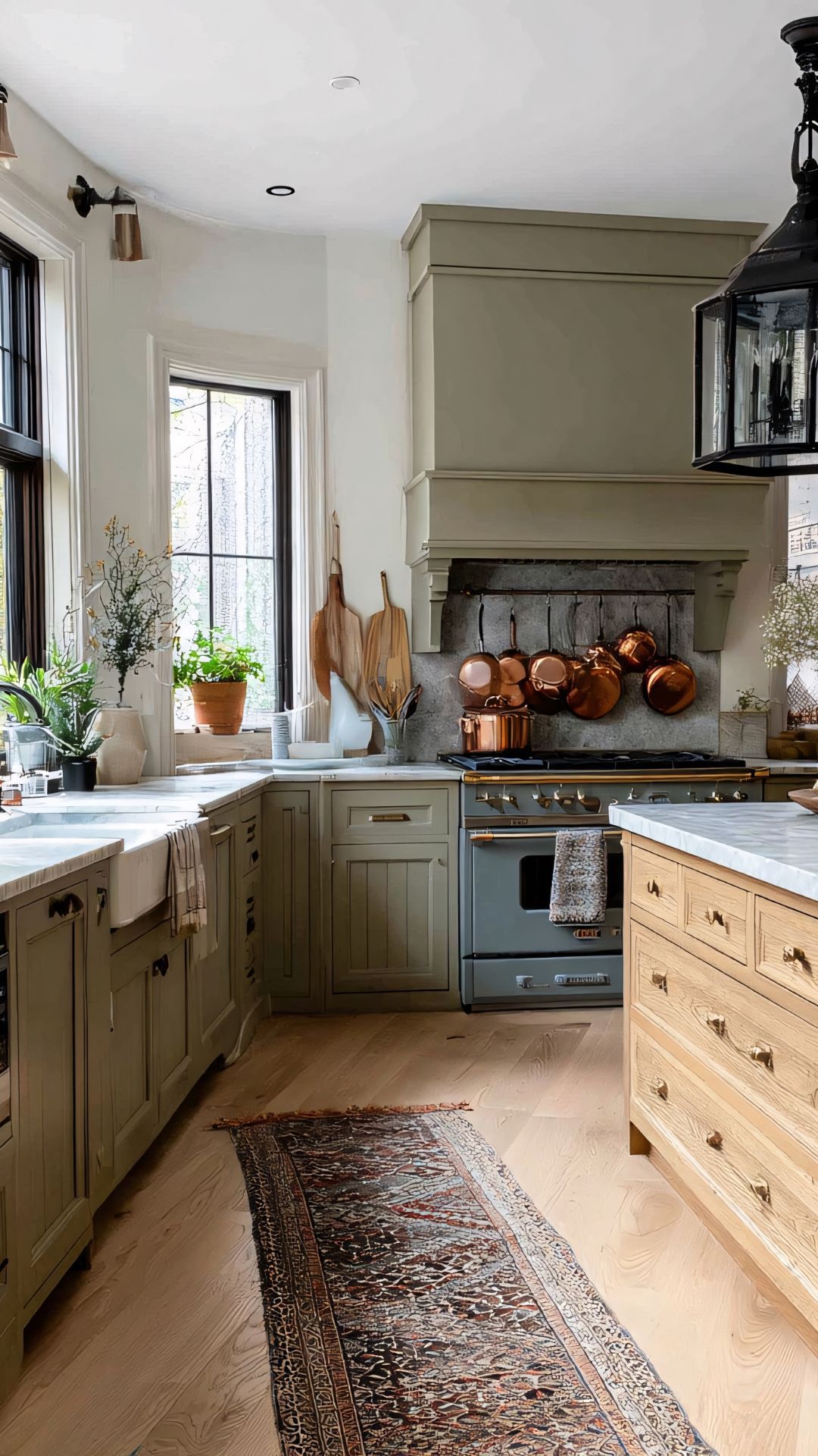 Green and wood-toned kitchen with a range, copper pots, and a vintage rug