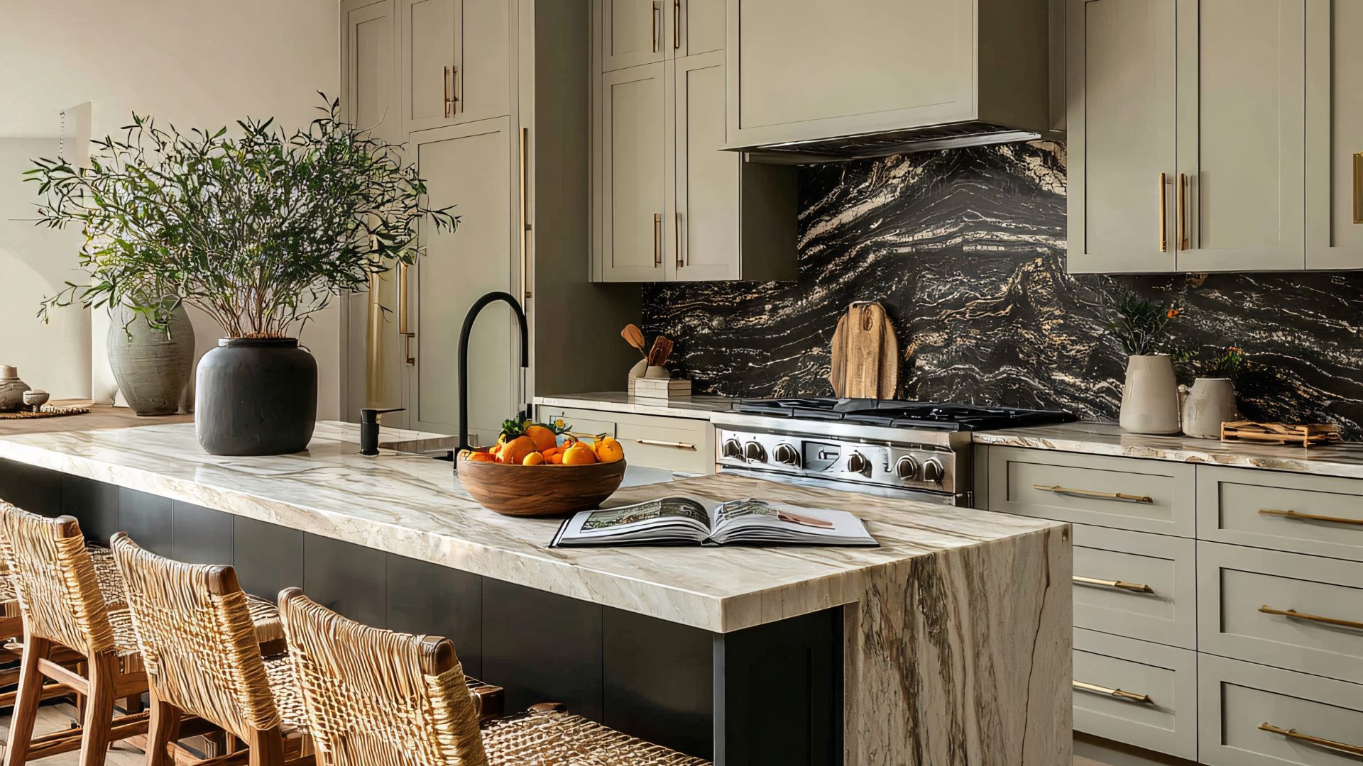 Modern kitchen with a dark backsplash