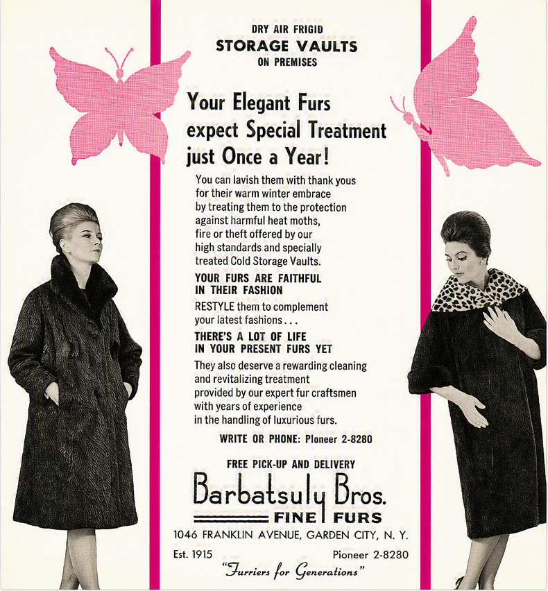 Vintage Barbatsuly Bros. Fine Furs ad with pink butterflies and two models in dark coats on a white background