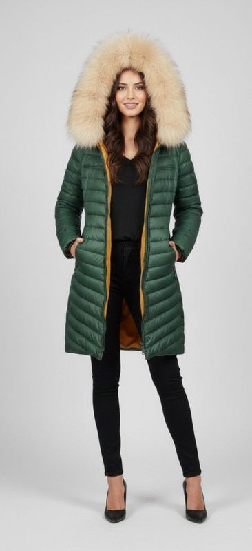 Woman wearing a green puffer coat with a fur hood, black pants, and heels.
