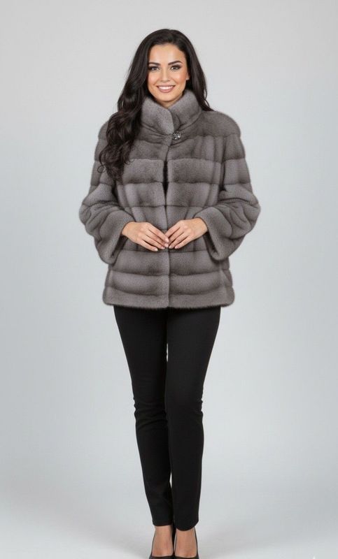 Woman wearing a gray fur coat and black pants, smiling, posing in a studio.