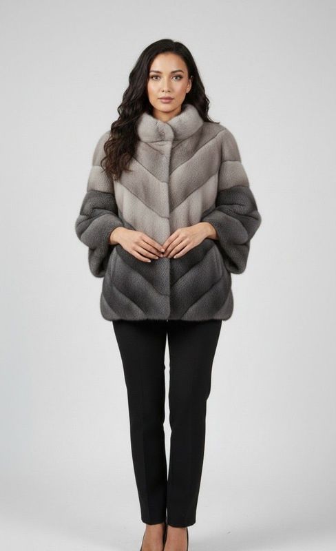 Woman wearing a gray gradient fur coat, black pants, and heels against a white background.