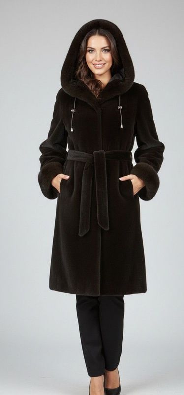 Woman wearing a long, brown hooded coat with a belt, standing against a light gray background.