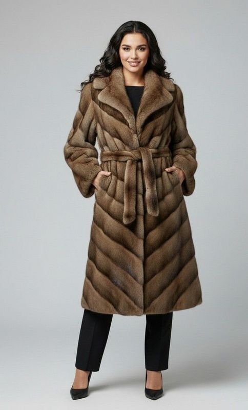 Woman wearing a long, brown fur coat with a belt, black pants, and heels, standing against a gray backdrop.