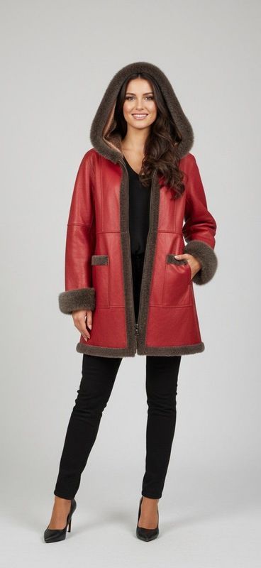 Woman wearing a red coat with brown trim and hood, black pants, and heels. She is smiling.