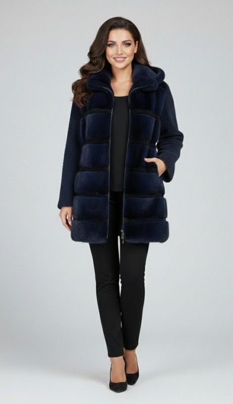 Woman wearing a navy blue hooded coat with fur panels, black pants, and heels, smiling.